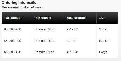 Saunders Posture Support Size Chart