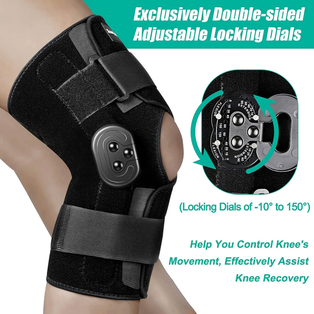 Adjustable hinged knee brace with locking dials